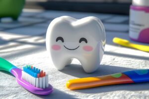 Süt dişlerinin yapısını ve çocuklarda ağız bakımı adımlarını gösteren eğitici görsel.