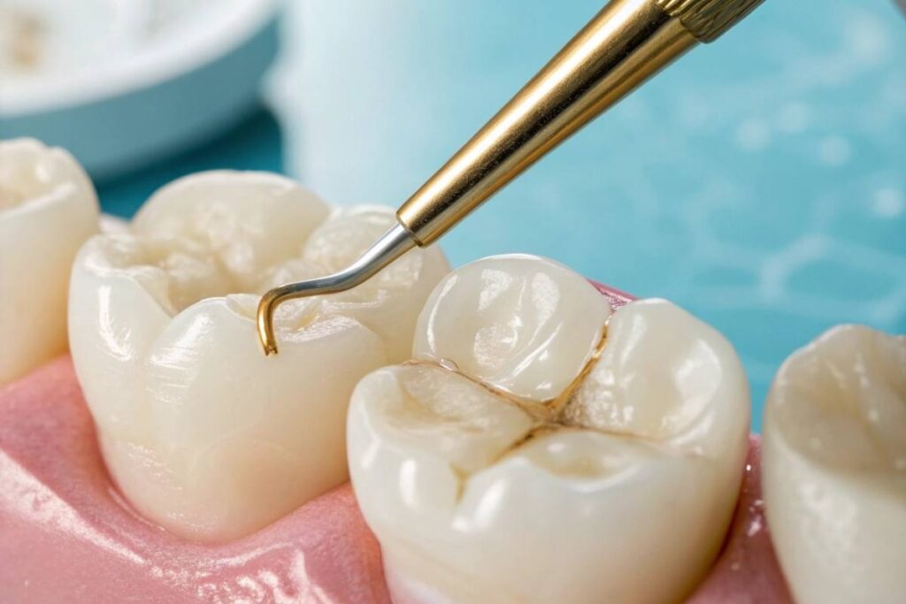 Farklı diş dolgusu türlerini ve diş üzerindeki uygulama alanlarını gösteren şematik görsel.